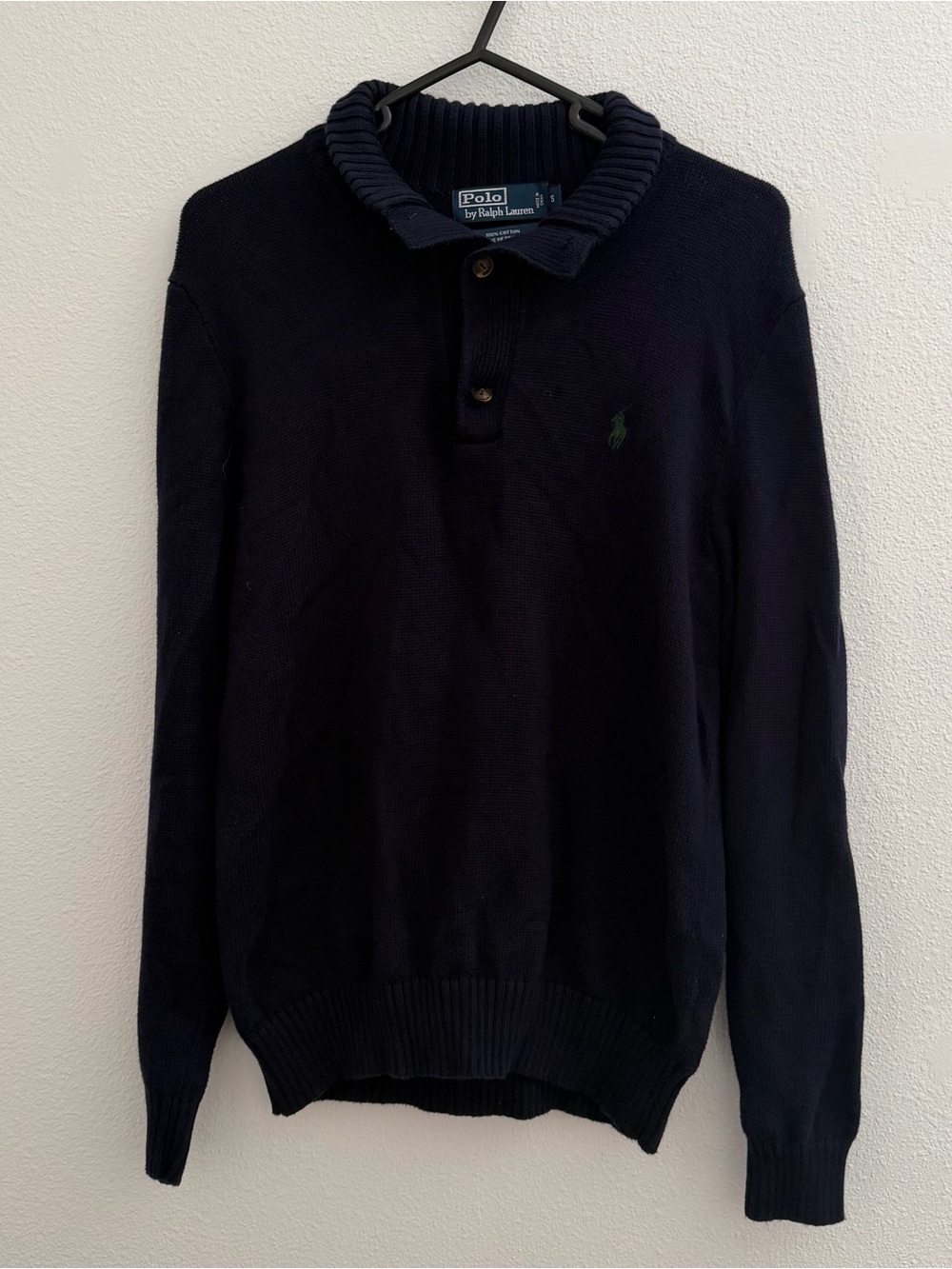 Vintage Polo by Ralph Lauren Navy Cotton Shawl Collar Button Sweater, Green Pony